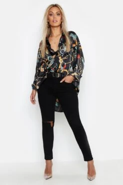 Plus Oversize Hemd Aus Satin Mit Print