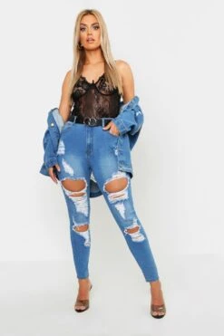 Plus Zerrissene Stretch Skinny Jeans Mit Hohem Bund -Plus Jane Stil Geschaft pzz74900 mid20blue xl 3