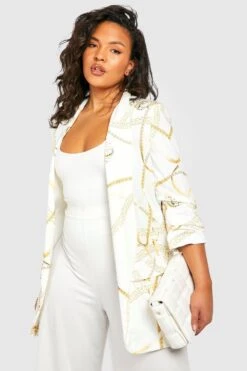 Plus Gemusterter Blazer Mit Gerafften Ärmeln -Plus Jane Stil Geschaft pzz75008 white xl 2