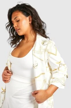 Plus Gemusterter Blazer Mit Gerafften Ärmeln -Plus Jane Stil Geschaft pzz75008 white xl 3